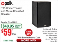 [frys] Polk T15 Home Theater and Music Bookshelf Speaker Pair - Black ($59/fs)