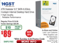 [frys]HGST Deskstar 3.5" 4TB CoolSpin SATA 6Gb/s Internal Desktop Hard Drive Retail Kit($90/fs)
